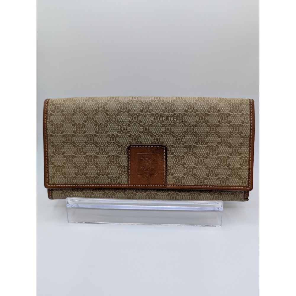 Celine Paris Vintage Triomphe Canvas Leather Wallet Clutch Beige Brown with COA